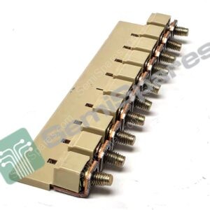 Row of beige electrical connectors with metal threaded terminals and copper contacts, arranged along a module edge in a close-up shot.