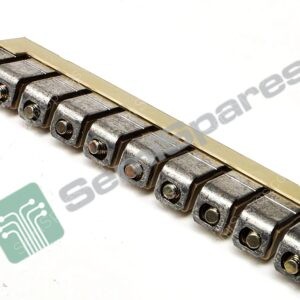 Close-up of a metal roller chain segment with a brass strip laid across the links on a white background.