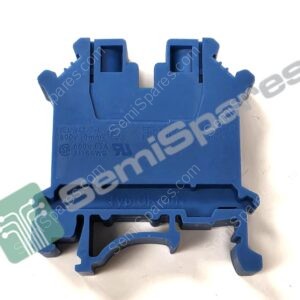 Close-up of a blue plastic connector housing with interlocking slots and ridges, part of a modular assembly.