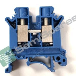 Blue modular terminal block with two screw clamps and wire slots, used for electrical connections on a circuit board.
