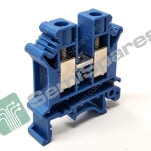 Blue modular terminal block with screw clamp for wire connection (bundled for PCB/rail mounting).