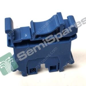 Close-up of a blue plastic connector with interlocking tabs against a white background, showing its hook-like features.