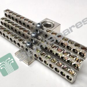 Metal perforated mounting bars with evenly spaced circular holes and screws, used as industrial hardware supports on a white surface.