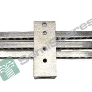 Metal cross joint with two perforated rails extending from a central square block, seen in close-up.