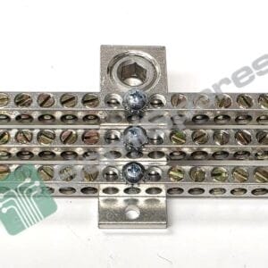 Stack of perforated metal rails with rows of screw holes and a central square block with a circular opening behind it.