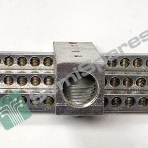 Metal valve/manifold block with many threaded ports in two horizontal rows and a central large bore.