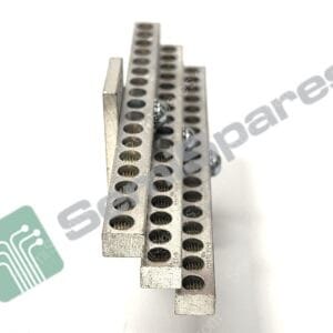 Close-up of perforated metal rails with evenly spaced circular holes, likely a terminal block or mounting rail.