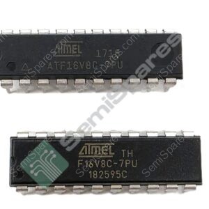 Close-up of a black Atmel integrated circuit with visible logo and the part number ATF16V8C-7PU on its surface, showing metal pins on both sides.