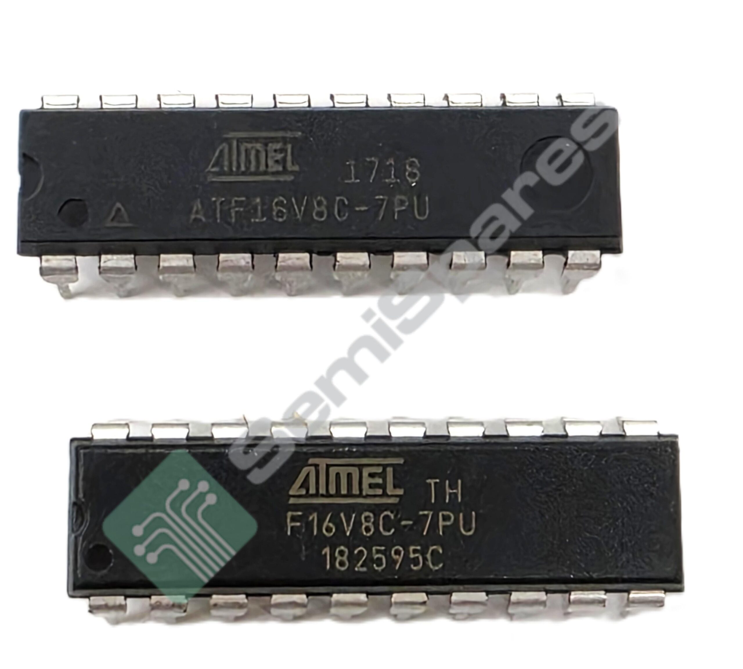 Close-up of a black Atmel integrated circuit with visible logo and the part number ATF16V8C-7PU on its surface, showing metal pins on both sides.