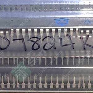 Close-up of a knitting machine needle bed with metal pins and a handwritten code along the bed.
