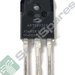 Three-leaded black power semiconductor (MOSFET) package with markings APT30F50B and logos on the body