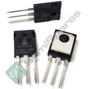 Three-lead power transistor packages with metal pins and black plastic bodies, labeled APT30F50B.