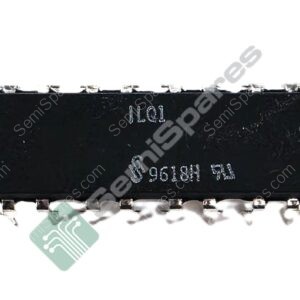 Close-up of a black rectangular integrated circuit (IC) with metal pins along the edges. Compact electronic component.