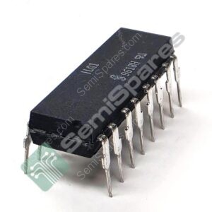 Close-up of a black DIP integrated circuit with many silver pins along both long edges, viewed at an oblique angle.