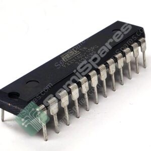 Black DIP integrated circuit with two rows of silver pins, notch at one end visible from the side.