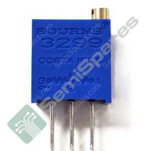 Blue Bourns 3299 trim potentiometer with three through‑hole pins, side view showing the top adjustment and product code.