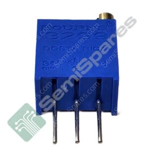 Blue block-shaped electronic component with four metal pins extending downward from the bottom edge.