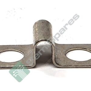 Close-up of a metallic hinge piece with two circular holes and a central rounded post, showing a weathered steel surface and a faint watermark overlay.