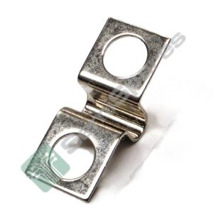 Close-up of a shiny metal chain link connector with a circular hole against a white background.