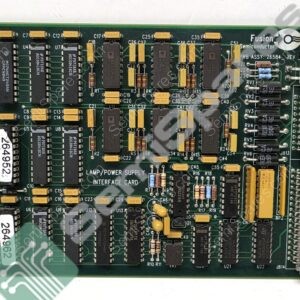 Green circuit board labeled 'LAMP/POWER INTERFACE CARD' with numerous DIP ICs, capacitors, and a gold edge connector (PCI-like).