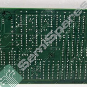 Circuit board underside with dense solder joints and green traces, edge connector visible on the right side (likely a plug-in PCB).