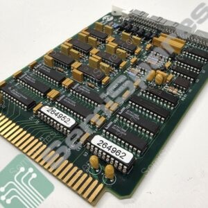 Close-up of a vintage computer circuit board with gold-finger PCI edge connector and multiple black IC chips.