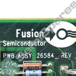 Close-up of a green circuit board with Fusion logo and white text reading 'Semiconductor' and component labels like 'PWB ASSY' and 'R' resistors visible.