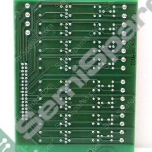 Green single-sided PCB viewed from the bottom, showing copper traces, through-hole solder joints, and edge mounting holes.