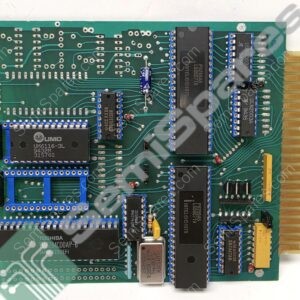 Green printed circuit board with multiple integrated circuit chips and a gold-edge connector, suggesting a vintage computer board.