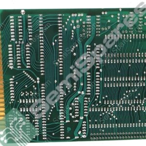 Green printed circuit board with a gold edge connector on the left; shows many solder joints and conductive traces streaming from the edge into the board edge area.