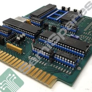 Green circuit board with a gold-edge connector and multiple blue DIP sockets housing black integrated circuits.