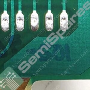 Close-up of a green printed circuit board showing a row of silver contact pads along the top and green solder mask, with a faint diagonal watermark across the image.