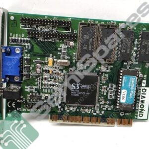 Old computer expansion card with a gold-edge connector at the bottom, blue VGA port on the left, and multiple chips labeled on a green PCB (informative image).