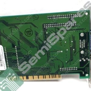 Green circuit board (PCB) with gold edge connector and metal I/O bracket, showing routed traces and screw holes.