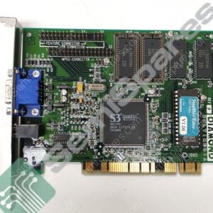 Vintage computer expansion card with a gold-edge connector and multiple integrated chips, labeled MPEG and FEATURE CONNECTORs, mounted on a green PCB.