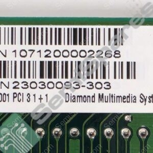 Close-up of a product label on a green circuit board showing a barcode, S/N 107120002268 and P/N 230303-303, with vendor text beneath.