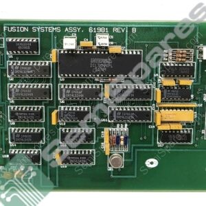 Vintage green printed circuit board with multiple DIP integrated circuits and yellow capacitors, edge connector on the left, and a white connector on the right; labeled Fusion Systems Assy 61981 Rev B on the top edge.