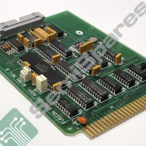 Green PCB populated with DIP ICs, yellow capacitors, and an edge connector, photographed at an angle for a hardware component.