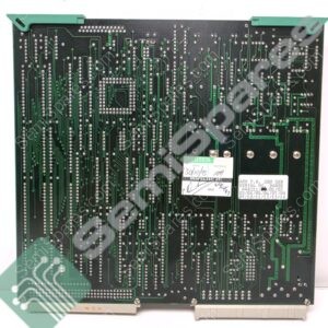 Backside of a green printed circuit board showing numerous silver solder joints and dense green traces along the surface, with edge connectors at the bottom and green standoffs at the top corners.