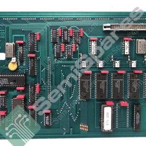 Vintage green circuit board with many DIP ICs, red capacitors, and edge connectors, showing dense electronics hardware.