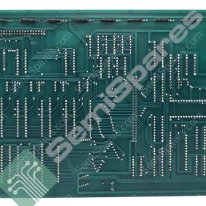 Back side of a green printed circuit board with dense solder pads and intricate circuit traces.