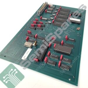 Green circuit board populated with DIP ICs, red jumpers, and edge connectors seen at an angle (informational view)