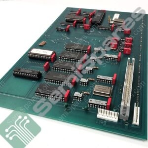 Green printed circuit board densely populated with DIP ICs, red spacers, and edge connectors (vintage-looking motherboard).