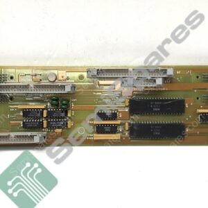 Printed circuit board with multiple edge connectors, sockets, and integrated circuits, labeled for computer I/O.