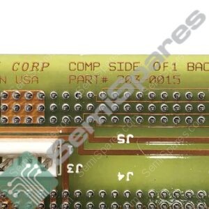 Backplane PCB edge with dense copper traces and a connector, showing part info: Cognex Corp, Made in USA, Part 203-0015, Rev A.