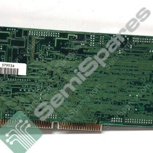 Green printed circuit board (PCB) with dense copper traces and a gold-finger edge connector at the bottom, viewed from the side with a metal bracket on the left.