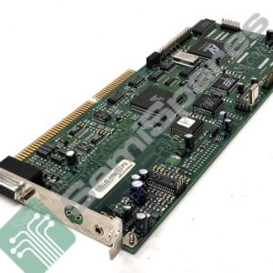 Green PCIe expansion card showing gold-edge connector and metal bracket with ports along the side, populated with chips and capacitors on the PCB