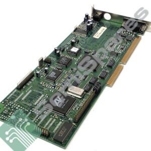 Green computer expansion card with a gold-edge connector and metal I/O bracket, showing multiple chips and capacitors at an angled view inside a white background. Silkscreened components and connectors are visible along the PCB edge.