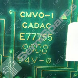 Close-up of a green PCB with yellow silk text reading 'CMVO-1' and 'CADAC', orange traces, and round solder pads.