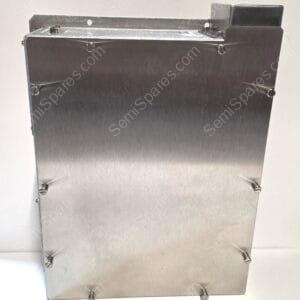 Brushed stainless steel metal enclosure with bolts along the front edge and a top mounting rail.